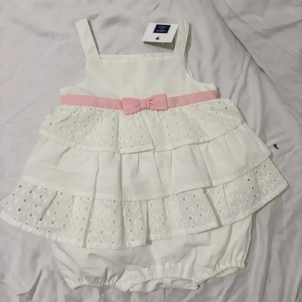Janie and Jack White Eyelet Ruffle Bloomer Romper with Pink Bow